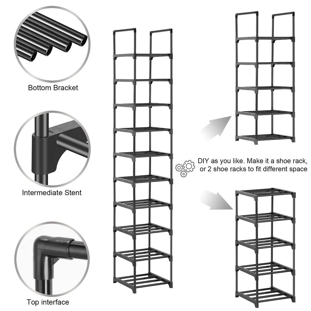 Pitmoly 10-Tier Shoe Rack, Shoe Storage Organizer, Small Narrow Shoe Shelf for Closet, Entryway, Metal Tall Shoe Stand for 10 Pairs of Shoes (Black)