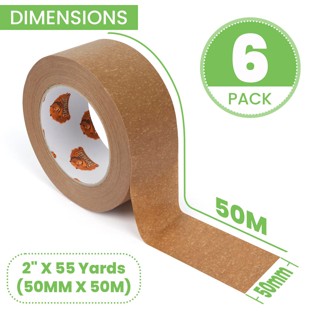 TAPEBEAR Eco-Friendly Kraft Paper Packing Tape, Biodegradable Heavy Duty 50mm x 50m, Recyclable Box Packaging Tape Self Adhesive for Shipping, Sealing, Moving & Masking, 6Rolls