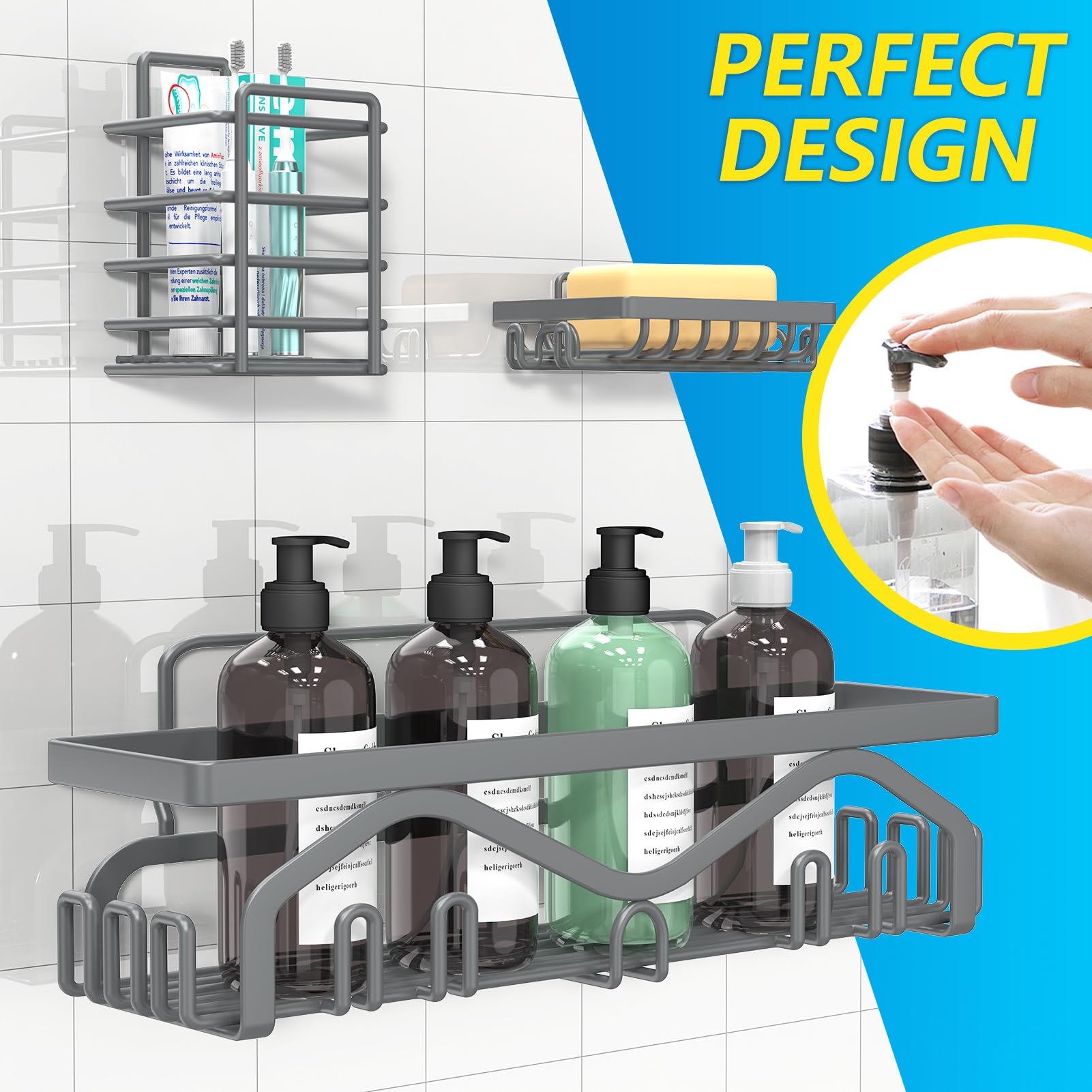 Coraje Adhesive Shower Caddy, 5-Pack Shower Shelves, Large Capacity Load Bearing 40 LBS Shower Organizer, No Drilling Shower Shelf, Rustproof Bathroom Shower Storage, Grey