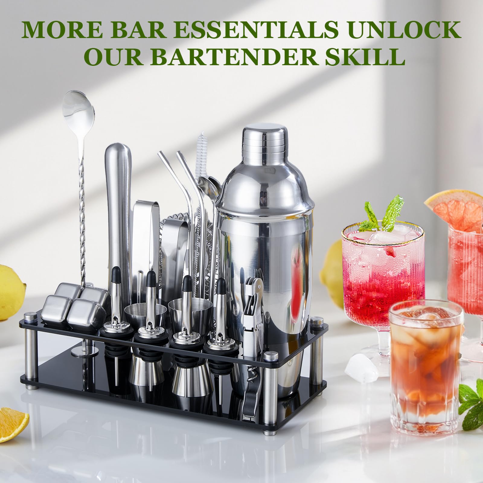 Cocktail Shaker Set, 23-Piece Stainless Steel Bartender Kit with Acrylic Stand & Cocktail Recipes Booklet, Professional Bar Tools for Drink Mixing, Home, Bar, Party (Sliver, 25oz)