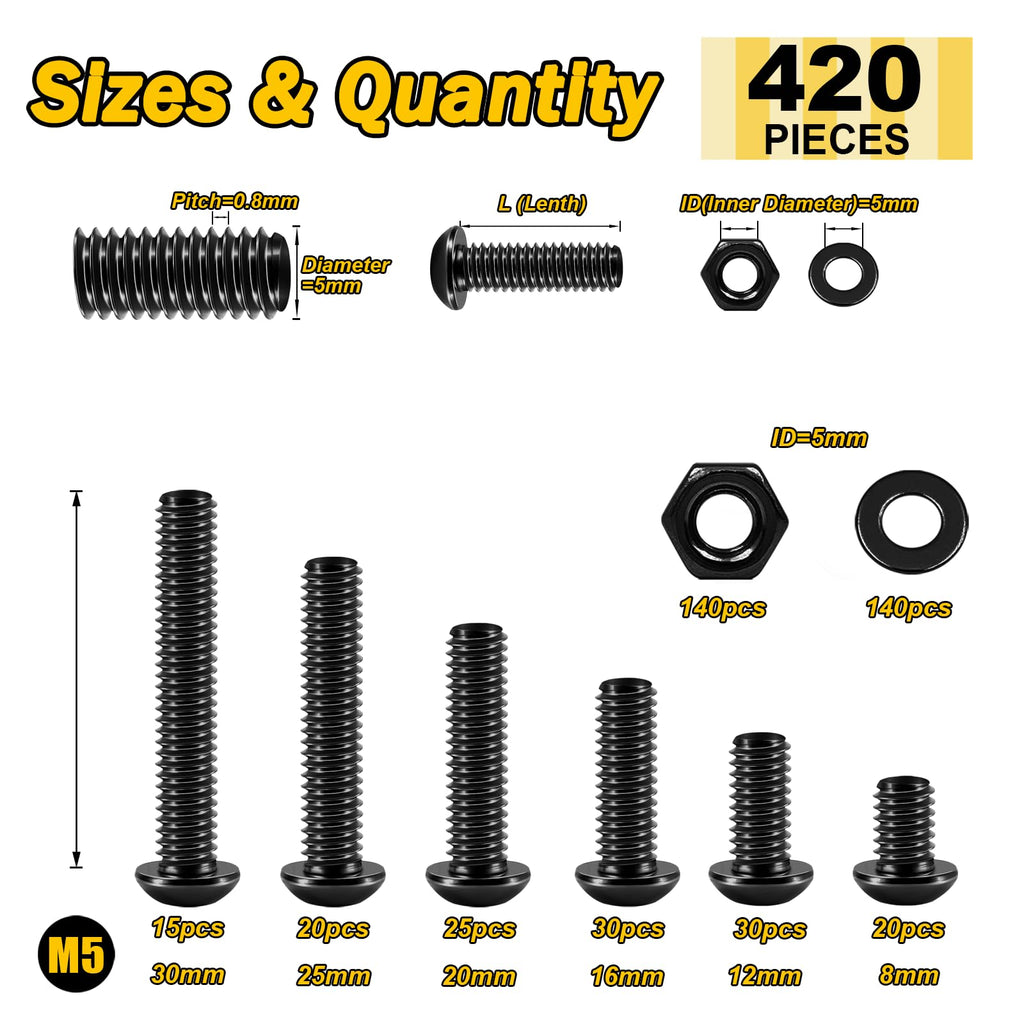 420Pcs M5 Nuts and Bolts, M5 Screws x8mm/12mm/16mm/20mm/25mm/30mm, Metric Screw Assortment 10.9 Grade Alloy Steel, Hex Button Head Cap Metric Screws, Flat Washers/Nuts/Hex Wrenches Black by Mywish