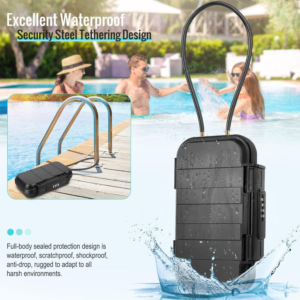 BKNOOU Travel Safe Portable Beach Safe Box Small Combination Safe Anti-Theft Lock Box Safe Waterproof Mini Security Case with Removable Wire Rope Security Box for Home,Office,Hotel,Cars,Travel (Black)