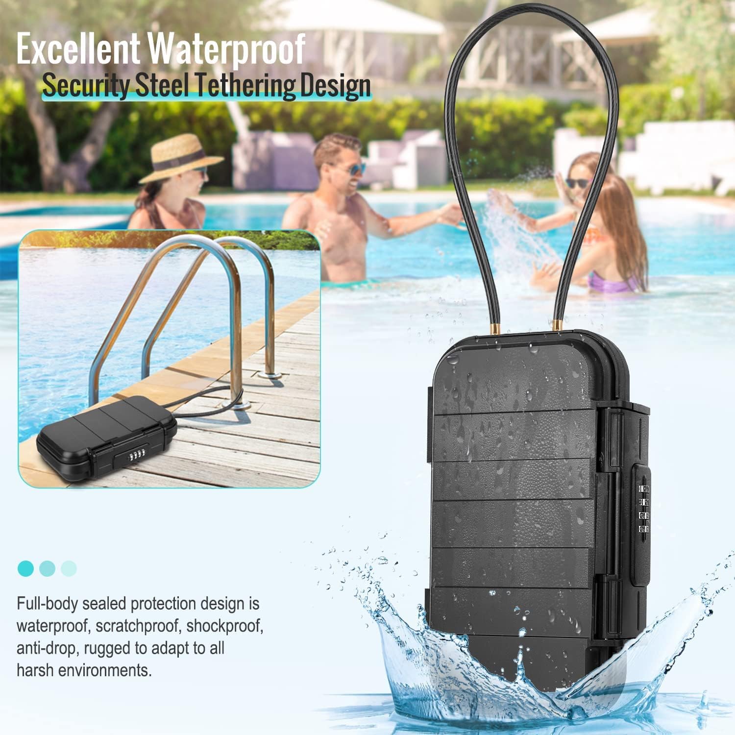 BKNOOU Travel Safe Portable Beach Safe Box Small Combination Safe Anti-Theft Lock Box Safe Waterproof Mini Security Case with Removable Wire Rope Security Box for Home,Office,Hotel,Cars,Travel (Black)