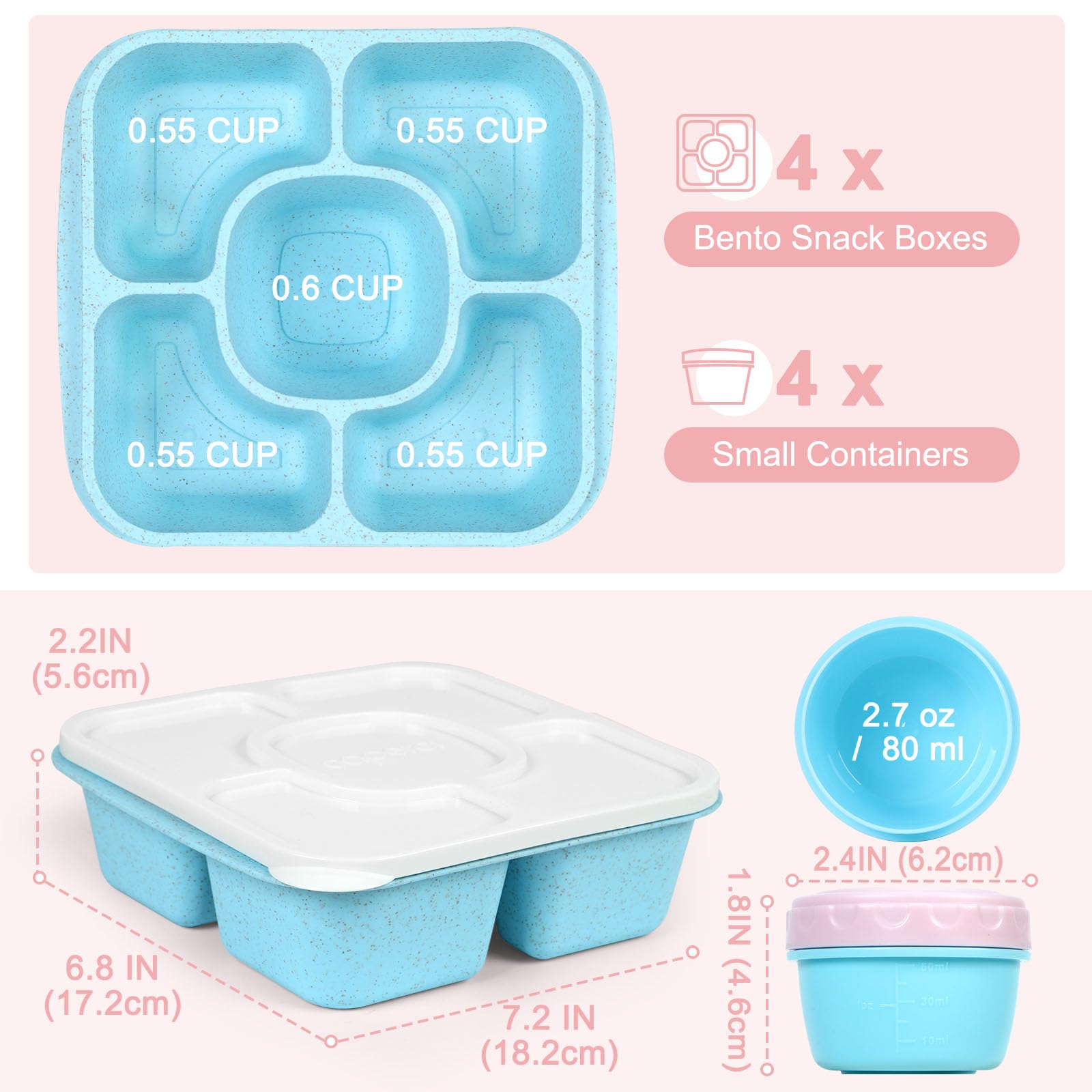 Caperci Original Lunchable Snack Containers for Kids & Adults - 5 Compartments Bento Snack Boxes with 4 Leakproof Small Containers, Wheat Straw, BPA-Free, Set of 4 (Vintage Colors)