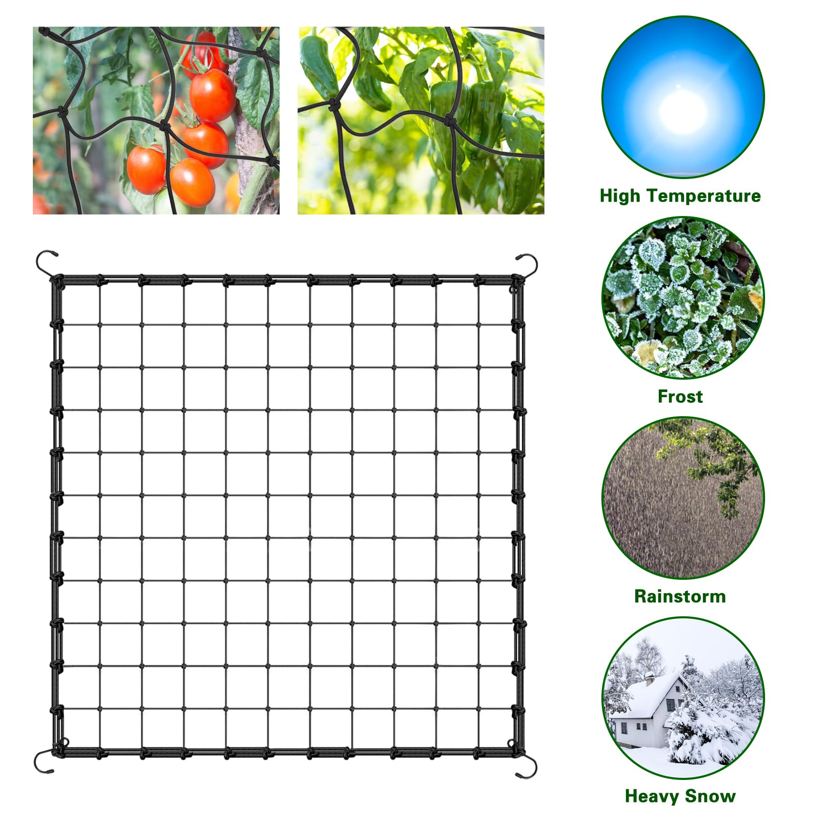 Qivine Grow Tent Net, 2 Pcs Plant Trellis Netting, 4 x4 Ft Elastic Plant Net with Hooks, Elastic Trellis Netting with Ties Support for Climbing Plants, Vegetables, Fruits, Flowers, Vines