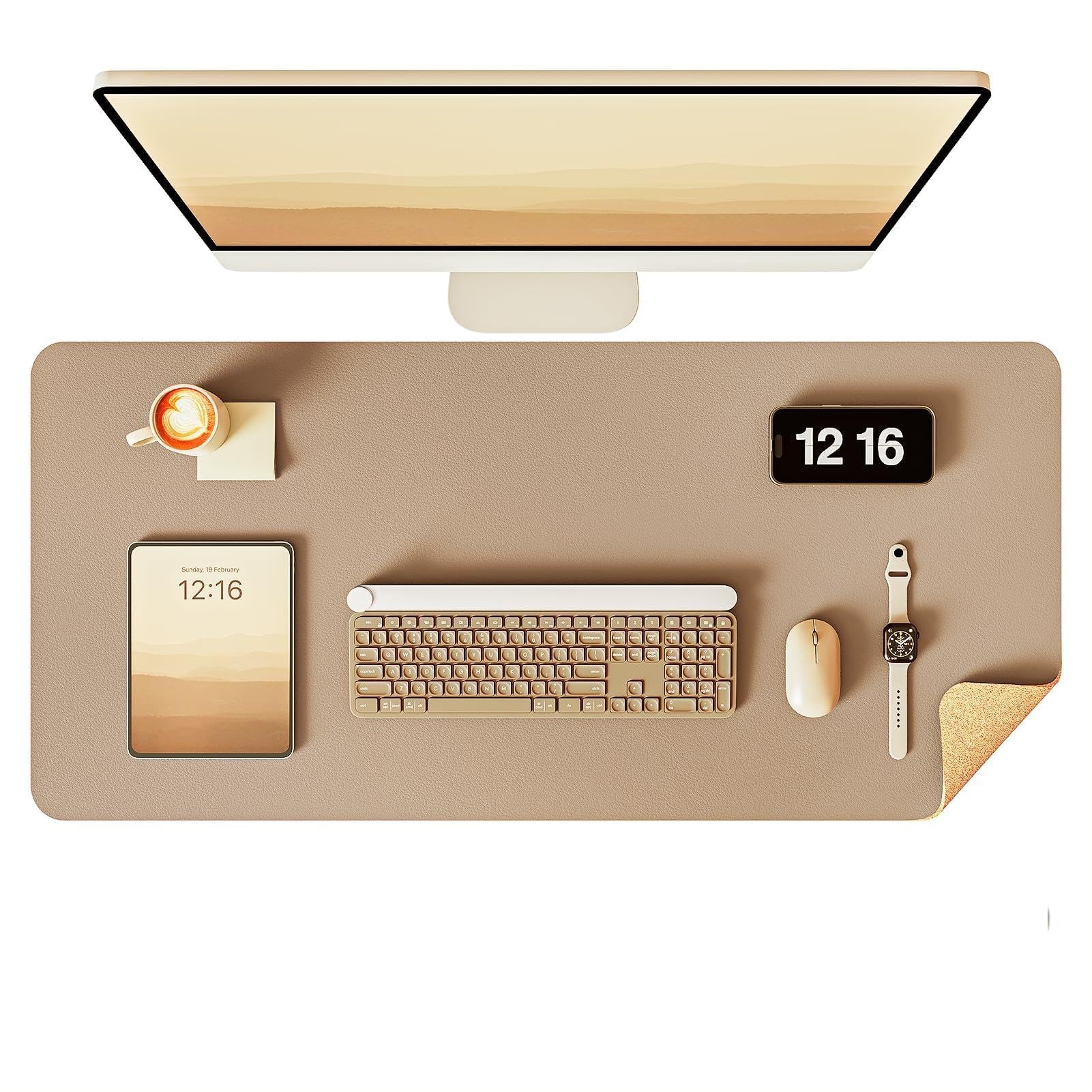 YSAGi Double-Sided Desk Pad, 31.5"x15.7"Leather Desk Mat, Eco Cork Desk Pad Protector,Large Mouse Pad,Waterproof Desk Blotter for Office/Home(Apricot)