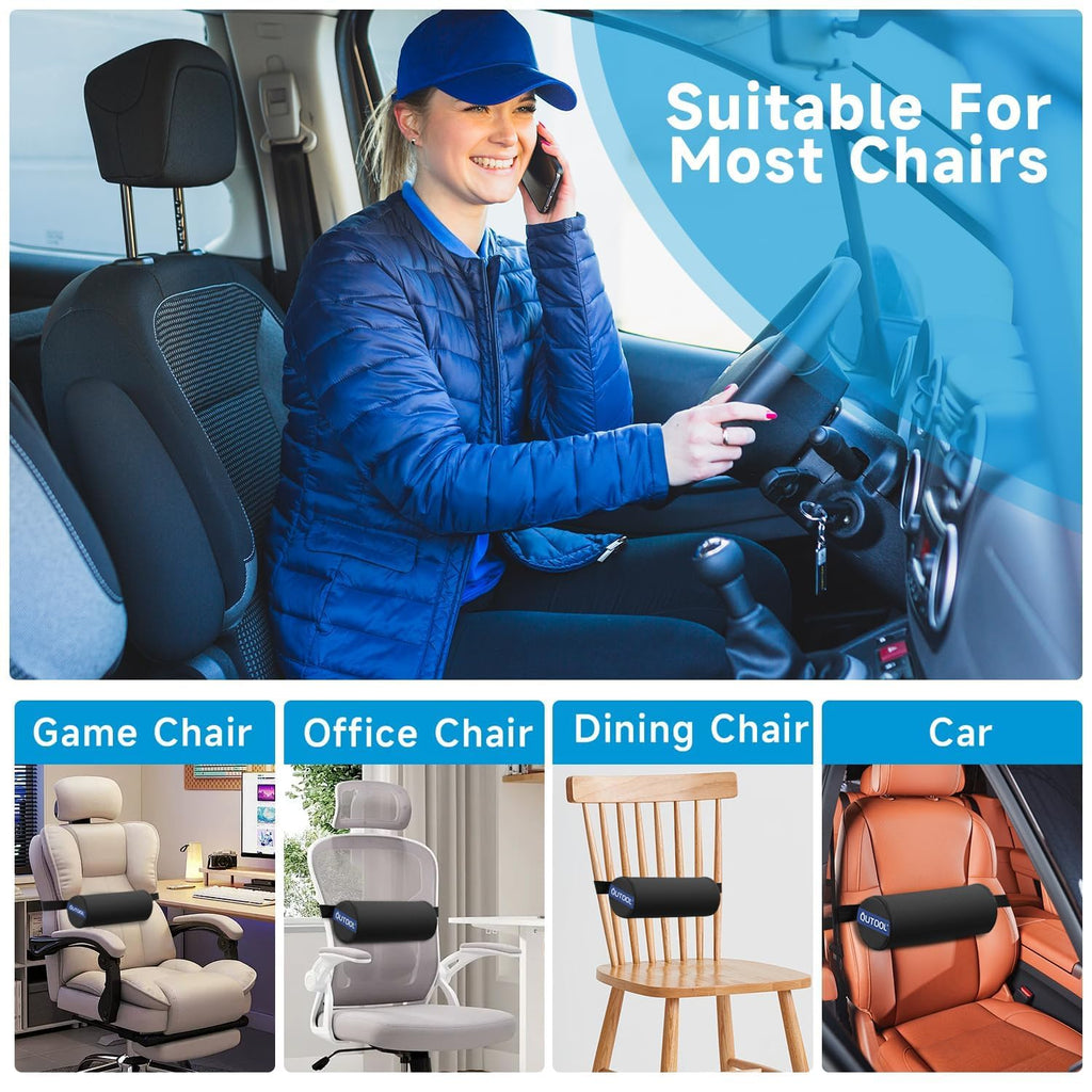 QUTOOL Lumbar Roll Support for Office Chair – Lower Back Support Cushion for Sitting, Anti-Slip Adjustable Strap, Firm Foam, Removable Washable Cover