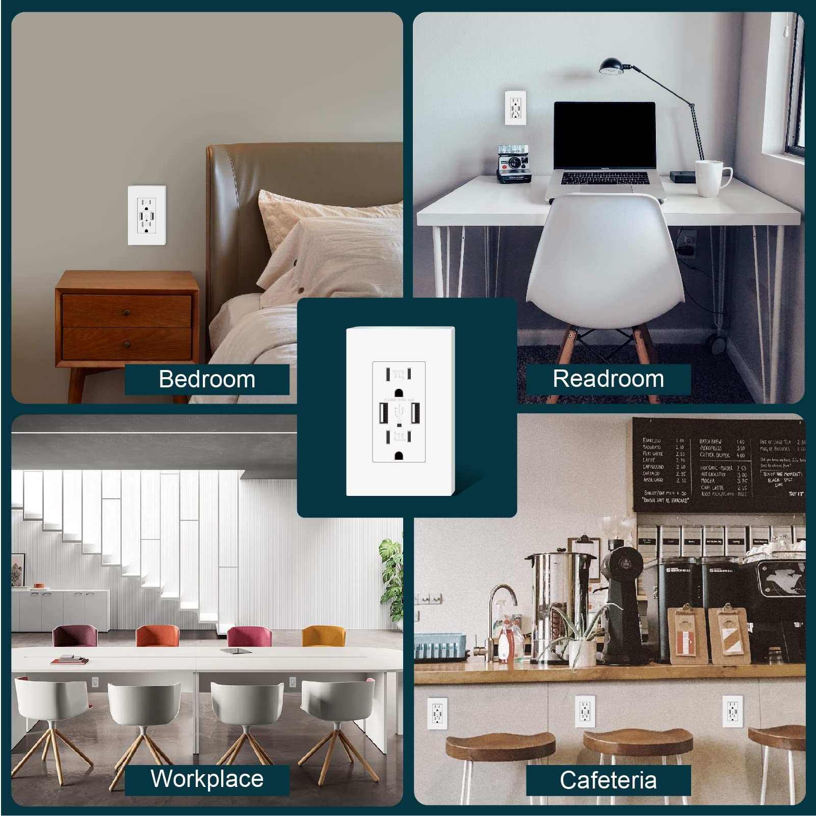 TOPELER 2Pack USB Wall Outlet, Receptacle Outlet with 4.8A Charging Capacity, 15A Tamper Resistant Electrical Socket, Screwless Wall Plate Included, UL & FCC Approved, White