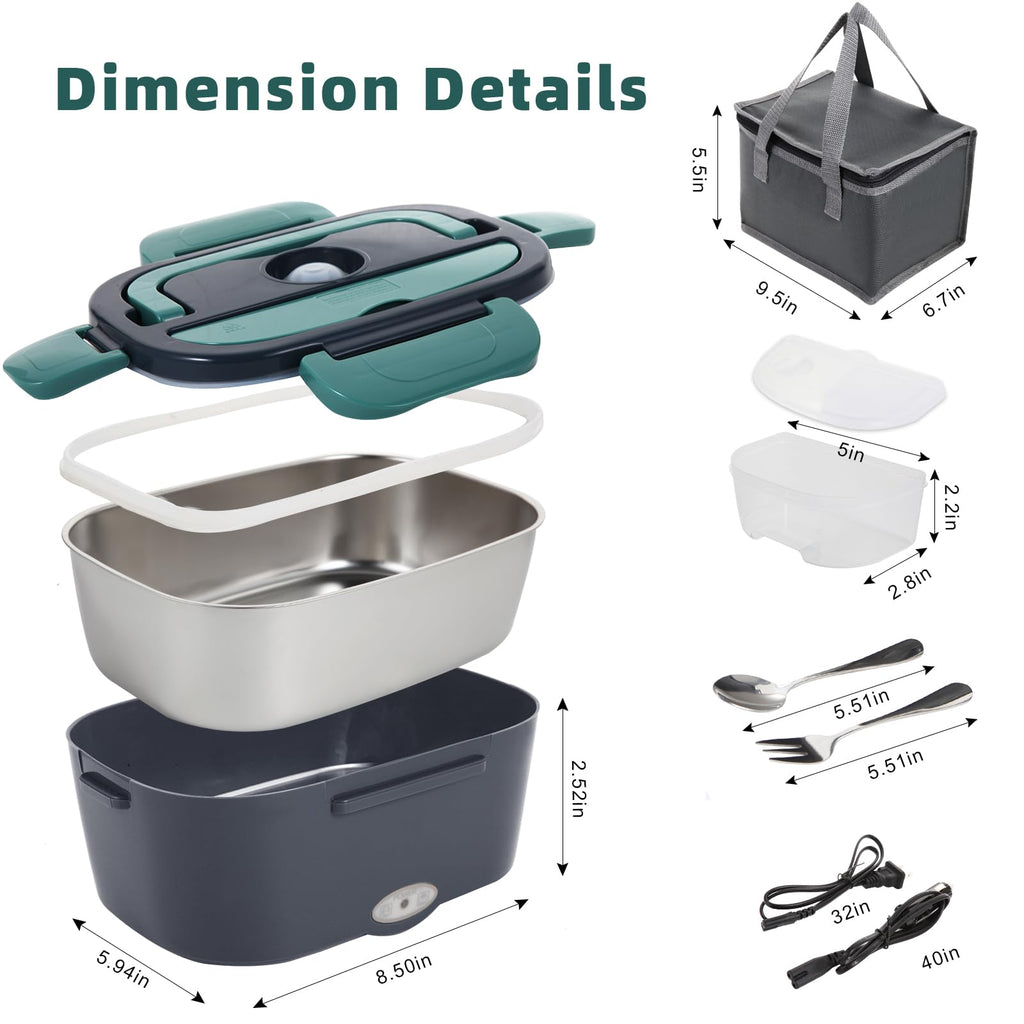 Electric Lunch Box Food Heater, 80W Portable Warmer for Car Truck Work with 304 Stainless Steel Container, 12V/24V/110V Green Heated Lunch Box Suitable for Ideal Driver/Work/Gift