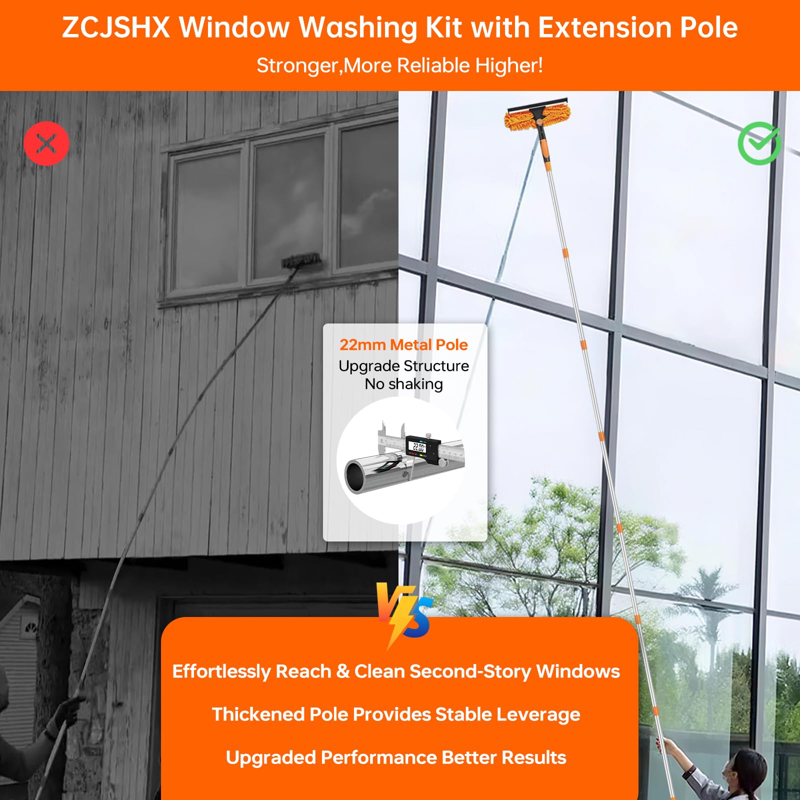 Window Cleaning Tools Window Squeegee: 2 in 1 Double-Sided Professional Cleaner Window Washing Kit with Extension Pole 20+ Ft Duster for High Ceilings Microfiber Scrubber for Indoor Outdoor High Glass