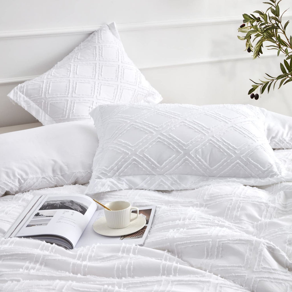 Maple&Stone Queen Duvet Cover Set, 3 Pieces Textured Tufted Boho Bedding Sets Zipper Closure Design with Ties, 1 Duvet Cover + 2 Pillow Shams, Comforter NOT Included (White, Queen Size)