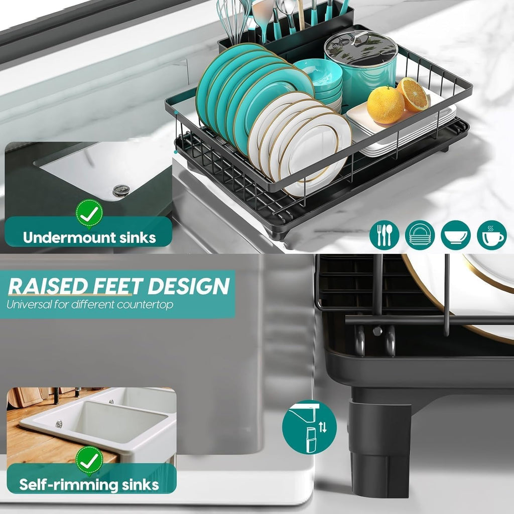 MERRYBOX Dish Drying Rack - Dish Racks with Drainboard for Kitchen Counter, Compact Stainless Steel Dish Drainer with Widened Leak-Proof Spout, Large 3-Compartment Utensil Holder, Easy Installation