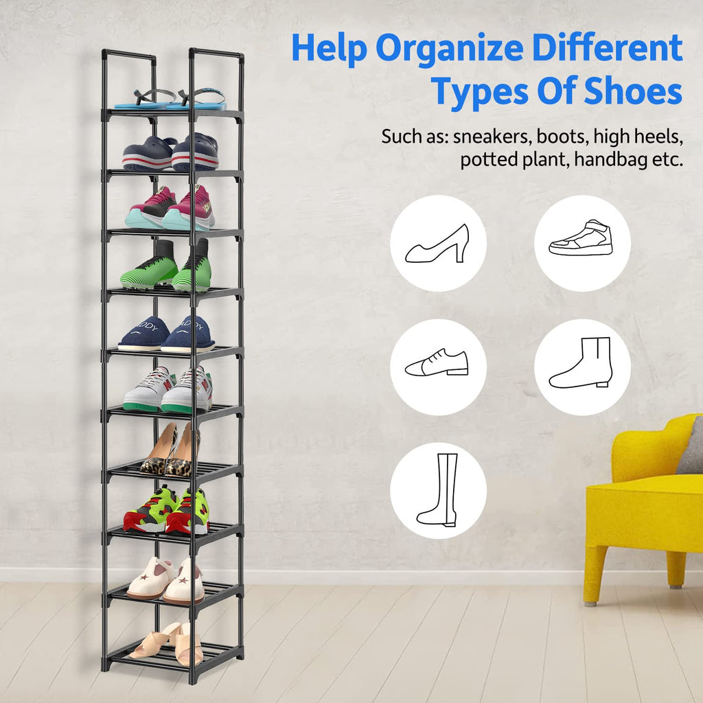 Olyzer 10 Tier Shoe Rack, Narrow Shoe Organizer, Space Saving,Vertical Shoe Stand Shelf for Living Room, Bedroom, Closet, Entryway, Grocery Room, 12.2'' x 12.2'' x 68.9''