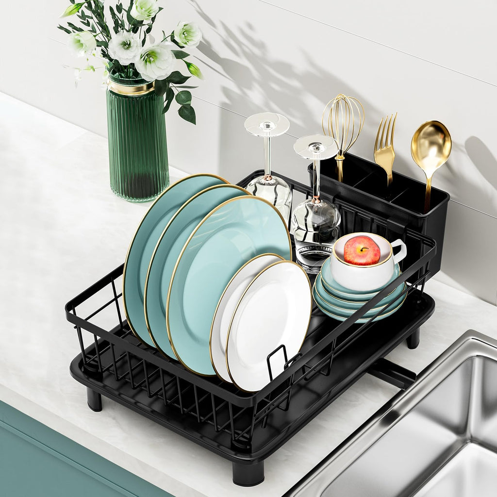 Small Dish Drying Rack, Space Saving Dish Racks for Kitchen Counter, Kitchen Organizer Dish Drainer with Cutlery Holder for Spoons and Forks, Black