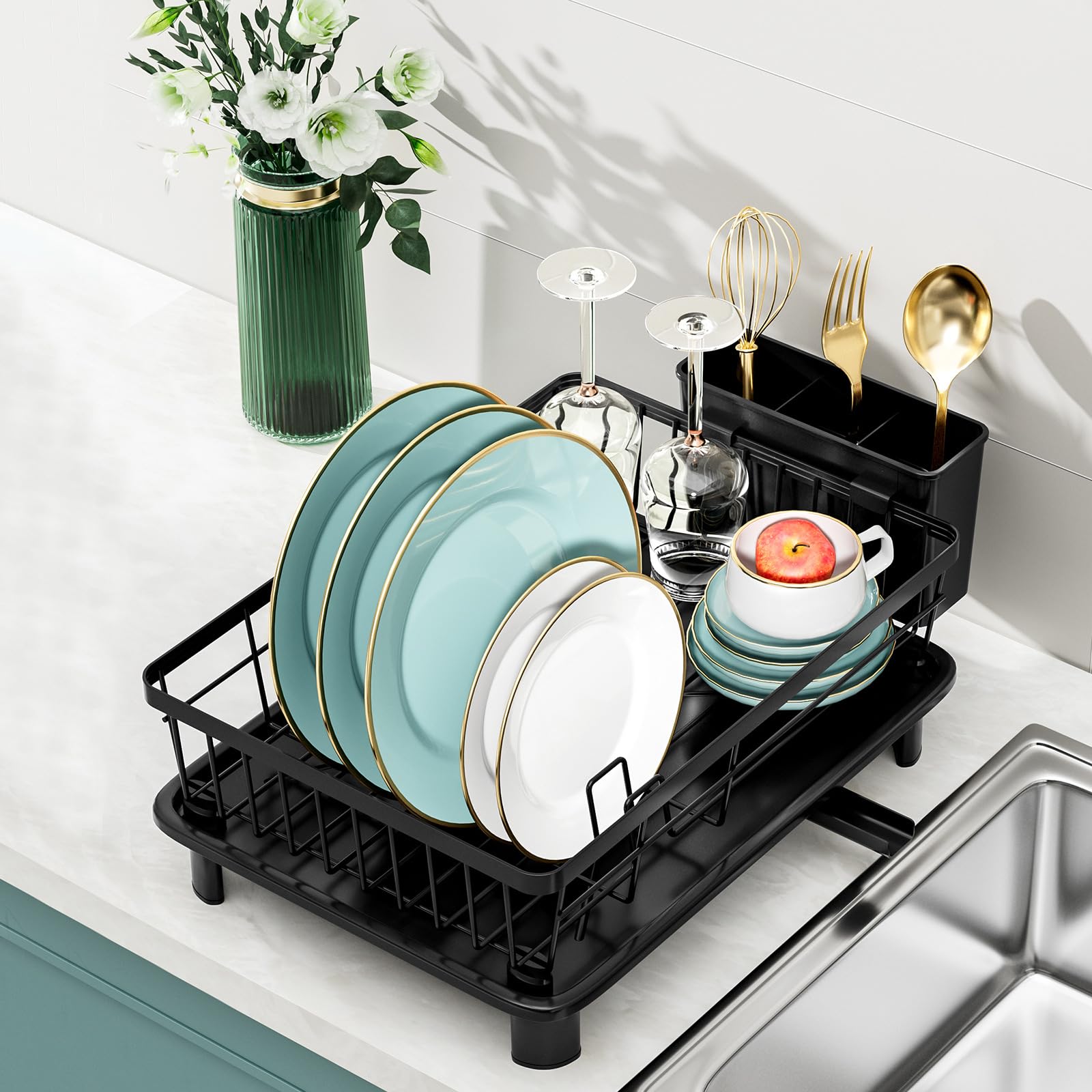 Small Dish Drying Rack, Space Saving Dish Racks for Kitchen Counter, Kitchen Organizer Dish Drainer with Cutlery Holder for Spoons and Forks, Black