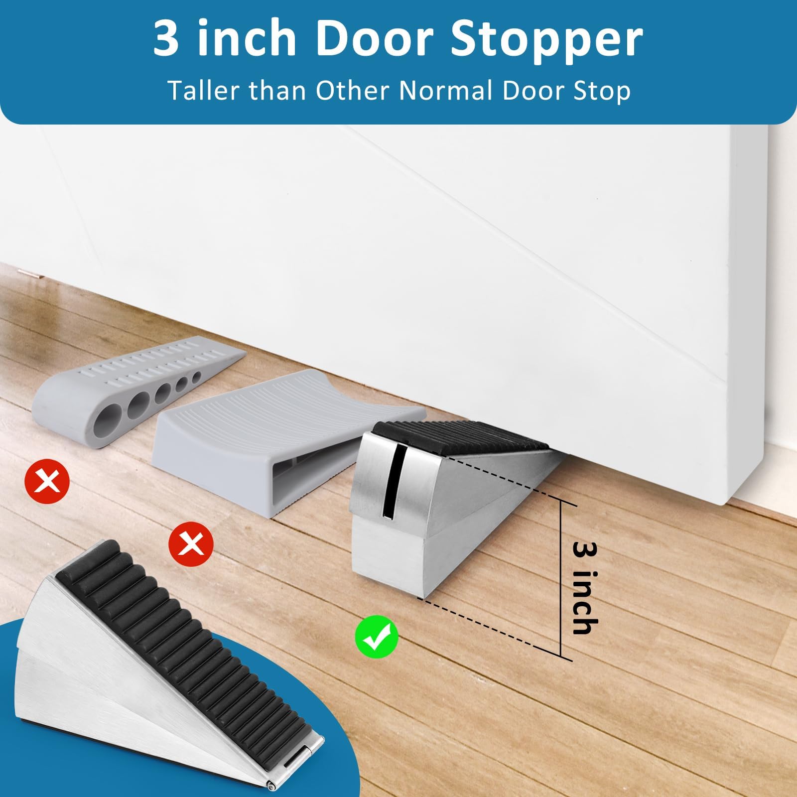 Heavy Duty Door Stopper, 2 Pack Adjustable Spring Large Stopper (0.8-3 inch), 3 Inches High Tall Wedge Stoppers for Bottom of Door, Door Stop Suits Any Heavy Door