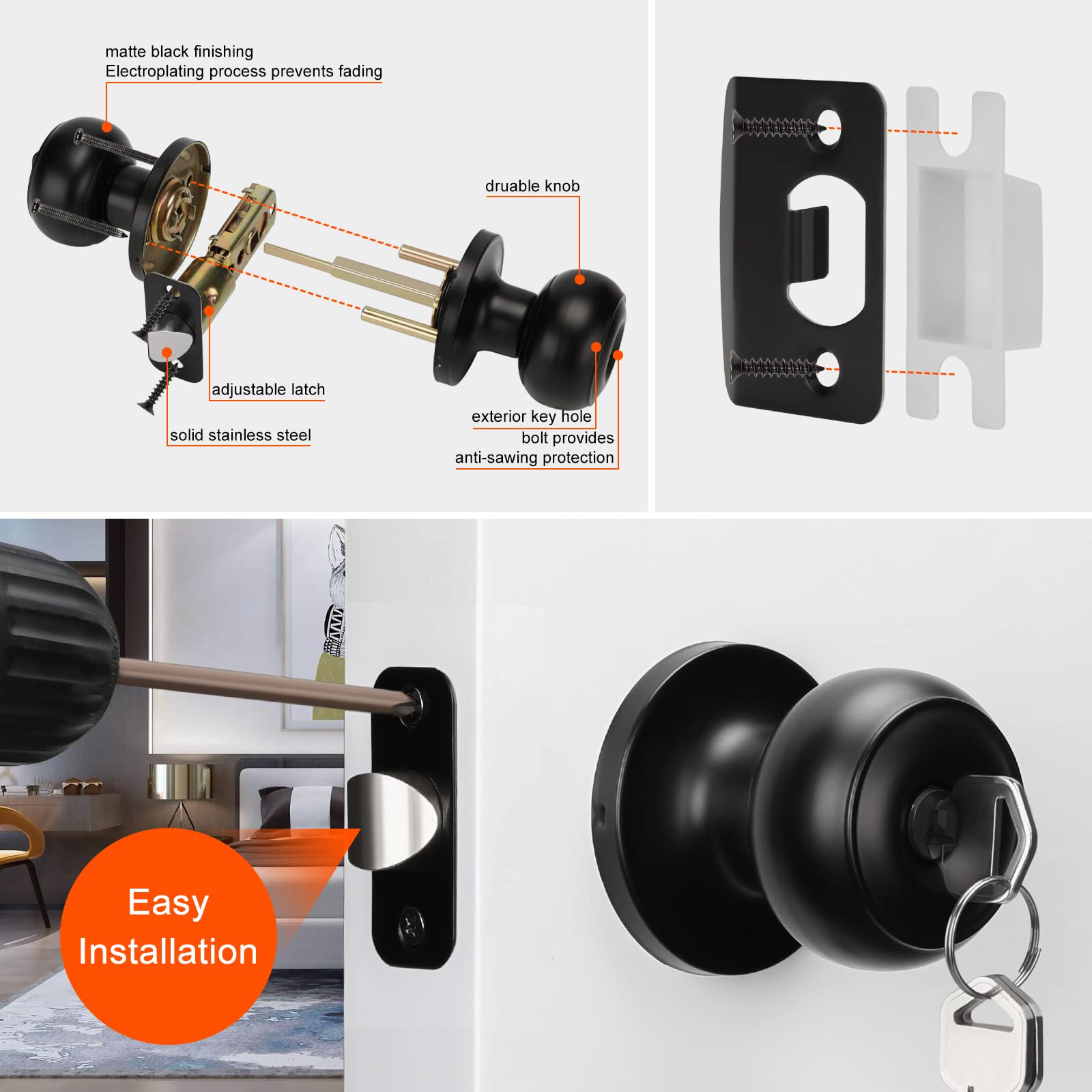 Haidms 1 Pack Matte Black Door Lock with Key, Entry Door Knob, Door Knobs with Lock, Exterior Door Knobs