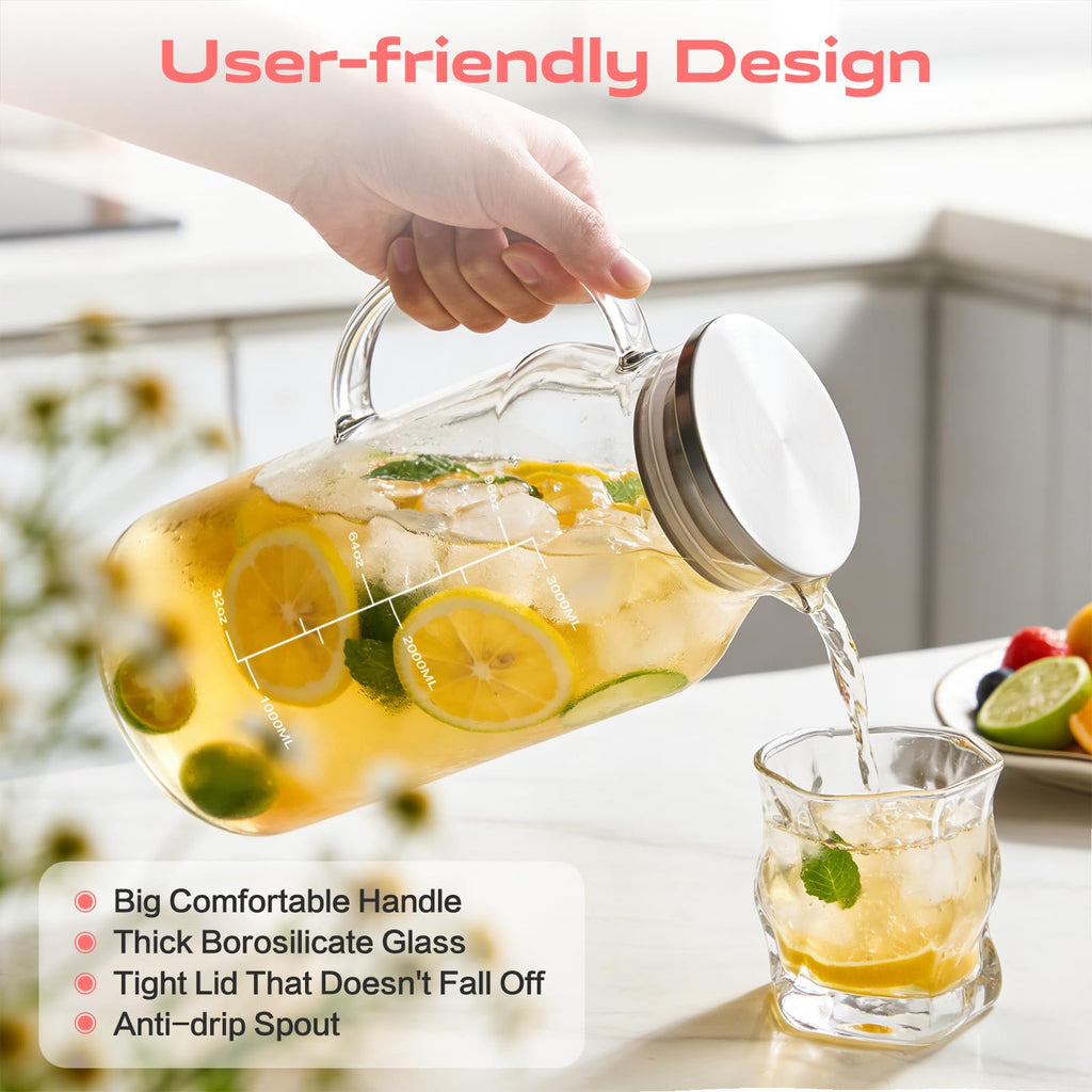 Aofmee 1 Gallon 128oz Glass Pitcher with Lid and Handle, Water Pitcher for Fridge, Borosilicate Carafe for Hot/Cold Beverage, Iced Tea Pitchers, Juice Jug for Coffee, Milk, Homemade Lemonade