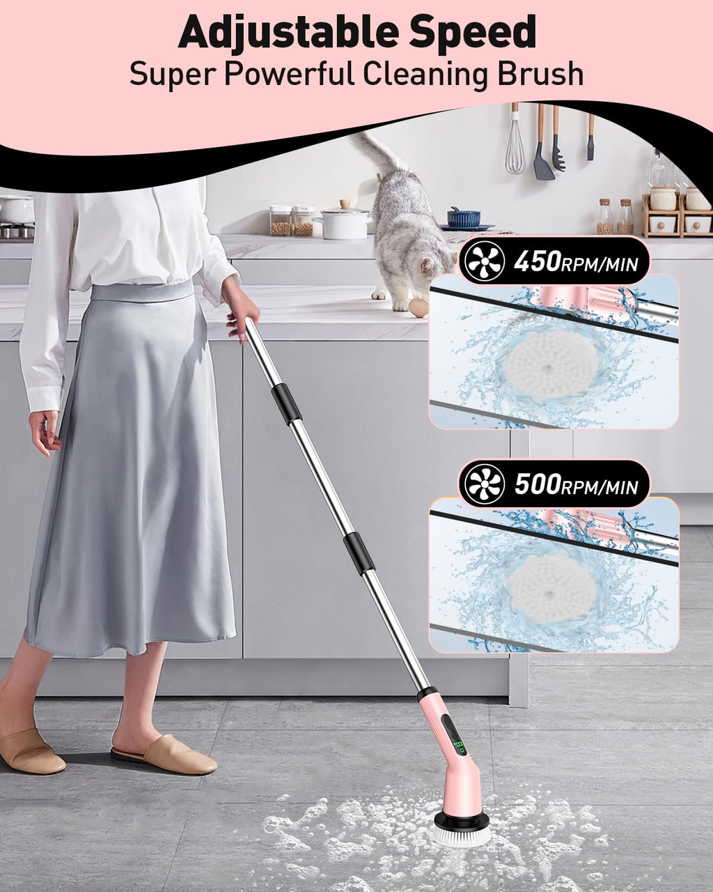 Electric Spin Scrubber for Cleaning Bathroom, Shower Scrubber Cordless Cleaning Brush with IPX7 Waterproof & 2 Speed, 3 Brush Heads, Bathroom Cleaning Supplies for Shower Tub Kitchen Toilet Pink