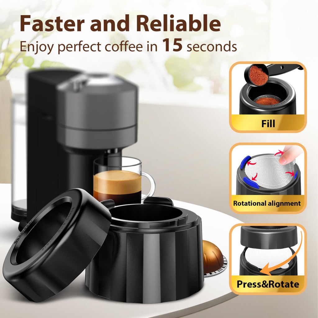 SWEETDEER Reusable Pods & Refillable Kit for Vertuo, 110 Refill Aluminum Foil Lids,Compatible with Nespresso Vertuo & Vertuoline,Coffee Capsules Kit with Lid Cutter, Holder & Scoop
