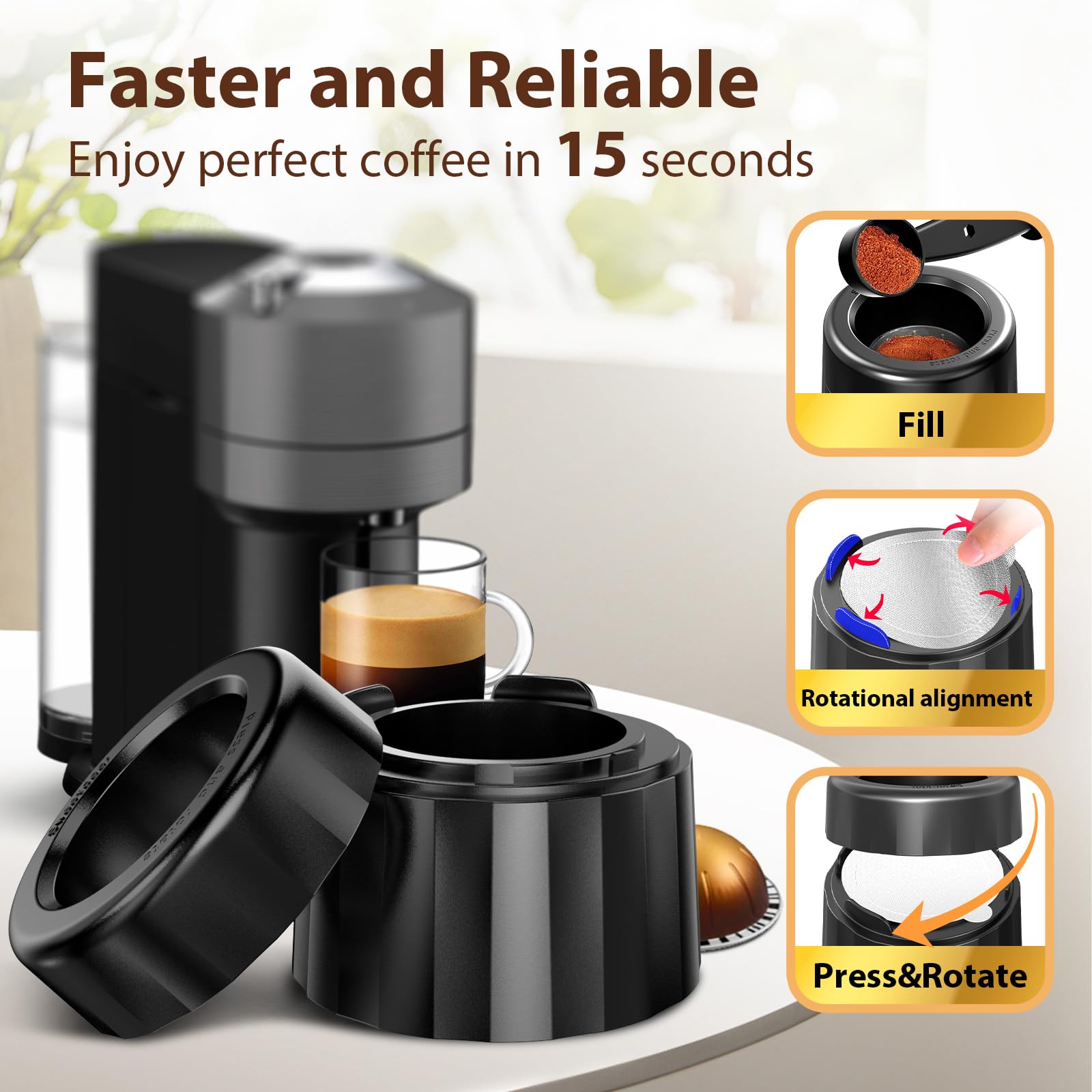 SWEETDEER Reusable Pods & Refillable Kit for Vertuo, 110 Refill Aluminum Foil Lids,Compatible with Nespresso Vertuo & Vertuoline,Coffee Capsules Kit with Lid Cutter, Holder & Scoop