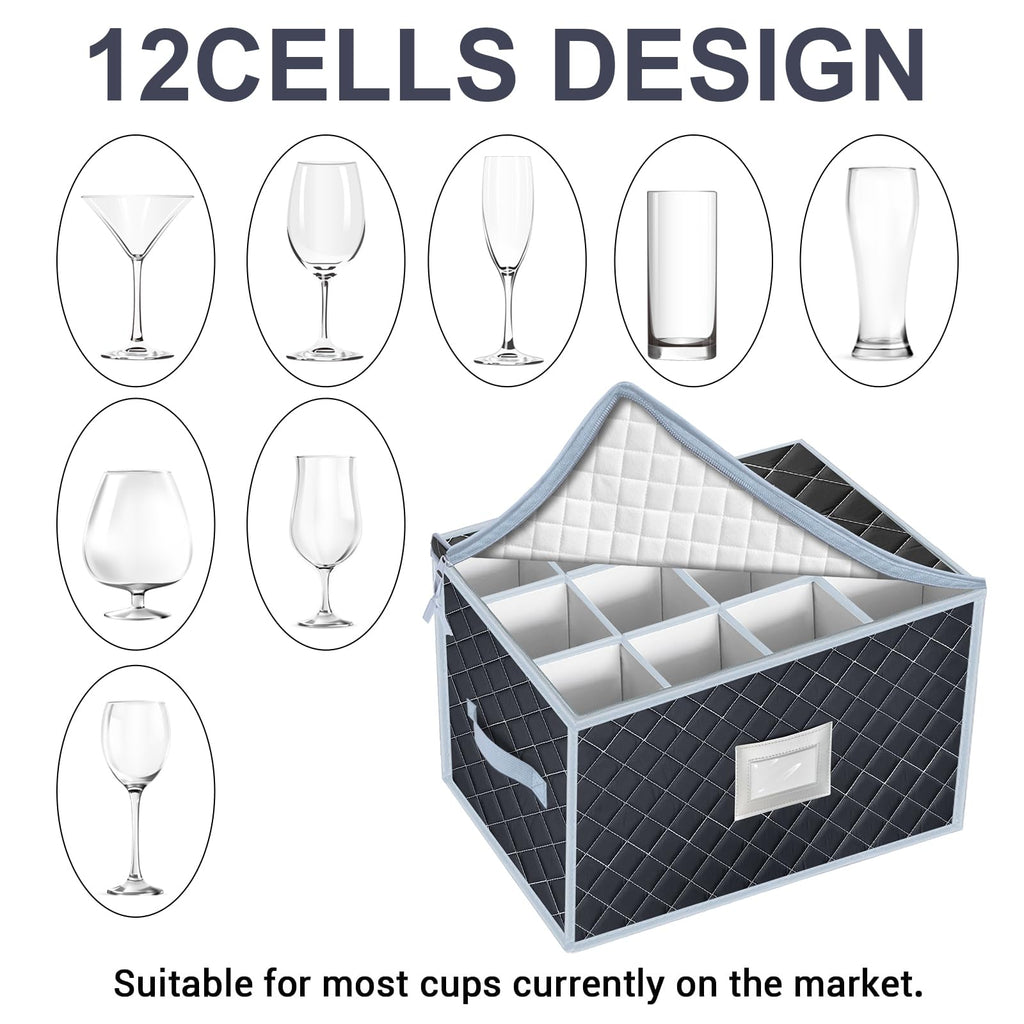 VERONLY Wine Glass Storage Box with Dividers Holds 24 Stemware Storage Cases or China Crystal Glassware Containers with Handles and Lable Window (15.5" x 12.5"x10")-Set of 2 Grey