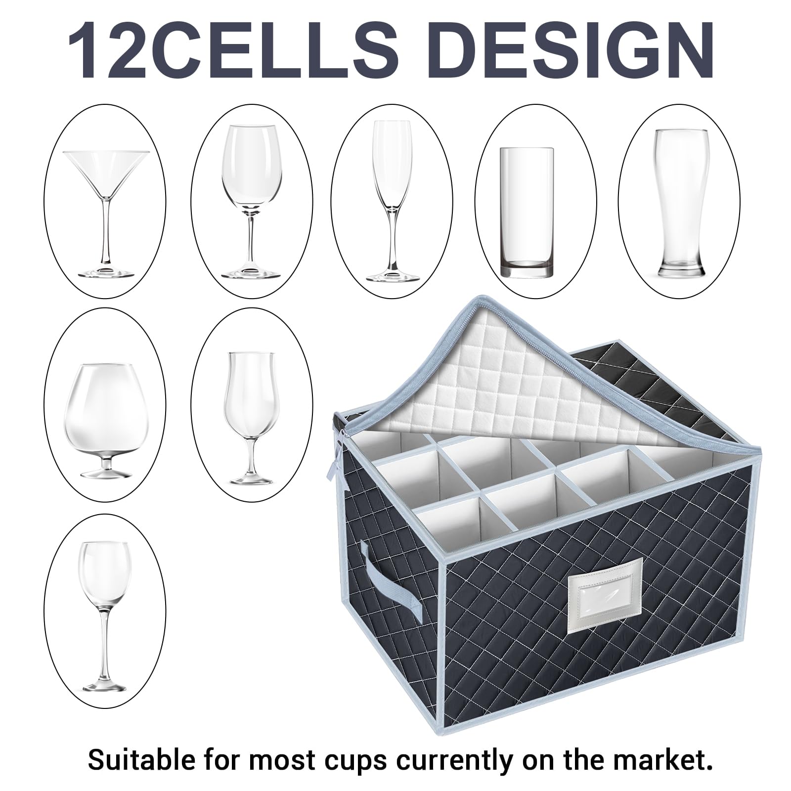 VERONLY Wine Glass Storage Box with Dividers Holds 24 Stemware Storage Cases or China Crystal Glassware Containers with Handles and Lable Window (15.5" x 12.5"x10")-Set of 2 Grey