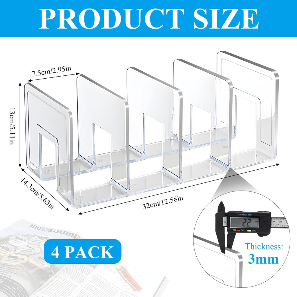 Supkiir 4 Pack 4-Section Acrylic File Sorter, Clear Desk File Organizer Book Organizer, Acrylic Office Organizers And Storage Stand Rack for Handbag Book Envelopes Document Notebook Electronics