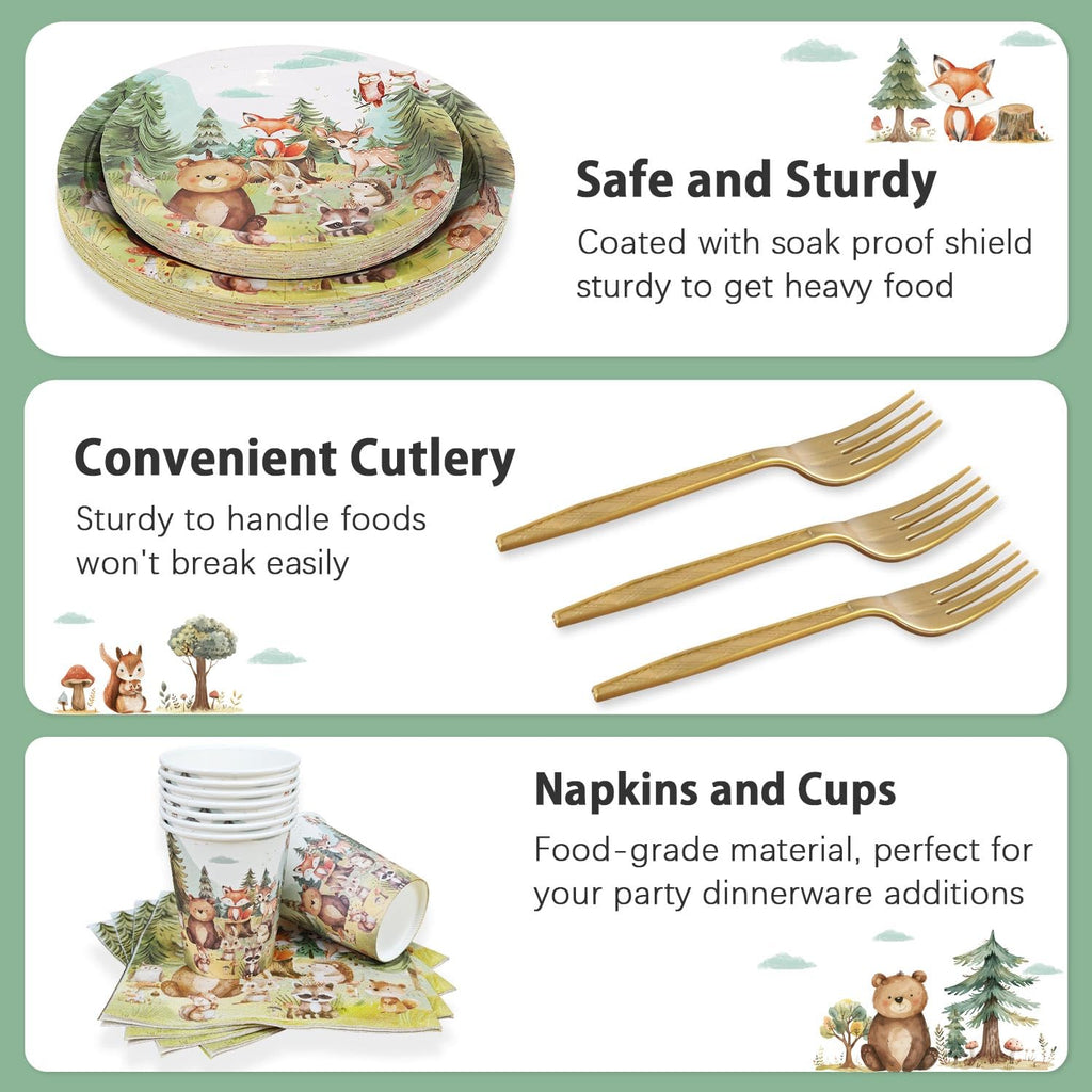 Woodland Baby Shower Decorations Plates Set 25 Guests, 125 Pcs Paper Plates Napkins Cups Cutlery Forest Animals Theme Birthday Decorations Tableware