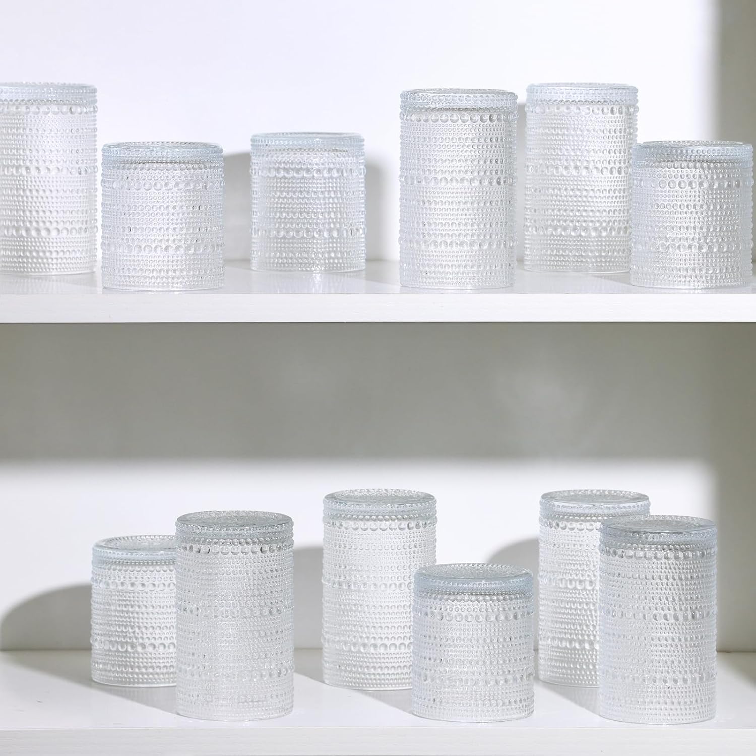 Hobnail Drinking Glasses Set of 8, 12 Oz Highball Glasses & 10 Oz Cocktail Glasses, Clear Embossed Boho Glass Cups Kitchen Bar Tumbler Glassware Set for Whiskey, Beer, Juice, Milk