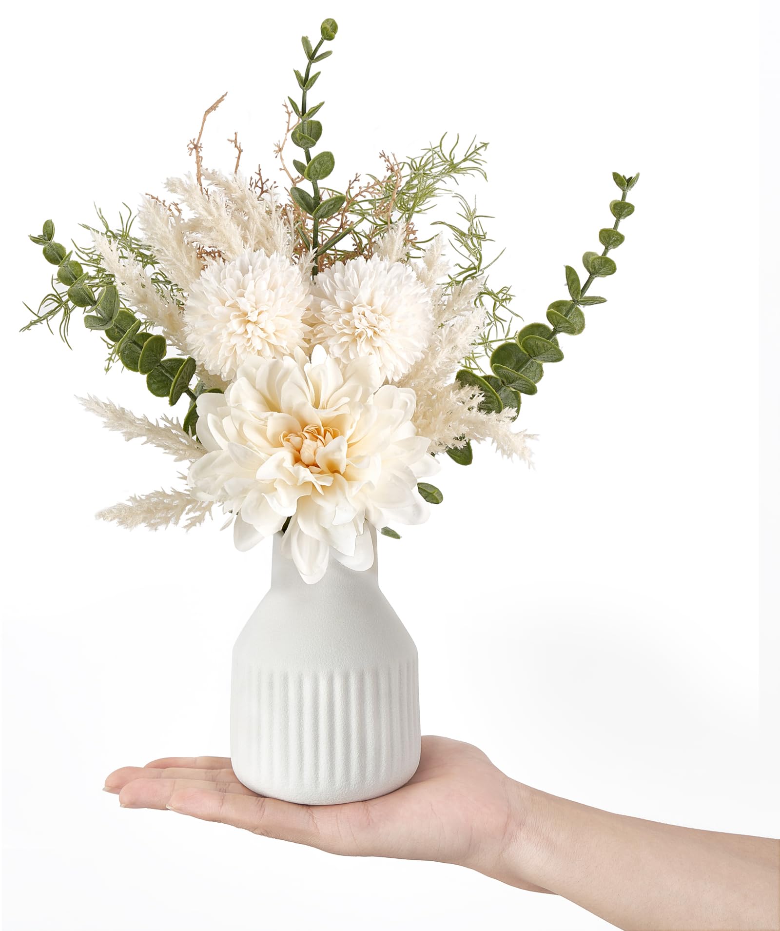 Mkono Small Artificial Flowers in Ceramic Vase 13.5" Centerpieces Coffee Table Decor, Silk Flower Arrangements for Home Decor Indoor Fake Flower Bouquet for Dining Room Kitchen Wedding, White