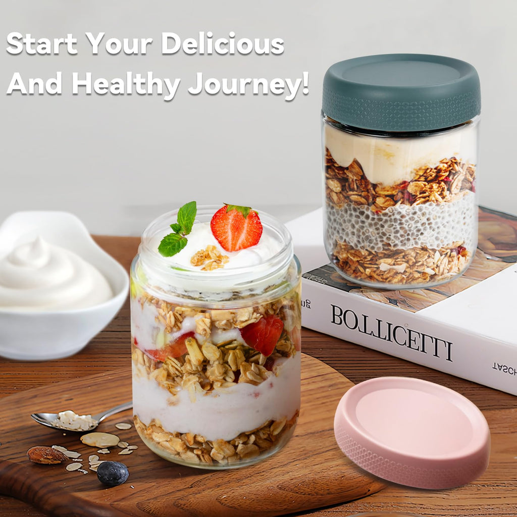 16 OZ Overnight Oats Jar,6 Pack Glass Jar with Lid and Spoon,Reusable Wide Mouth Mason jars for Overnight Oats,Yogurt Snacks Fruit, Salad Dressing, Sauce,Cereal-Leak Proof(500 ml)