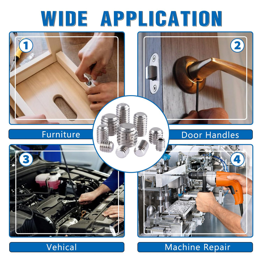 EilxMag 830pcs Metric + Standard SAE Allen Head Socket Hex Grub Screw Set 304 Stainless Steel Internal Hex Drive Cup-Point Screws Assortment Kit (M3-M8, 1/8"-40 to 5/16"-18)