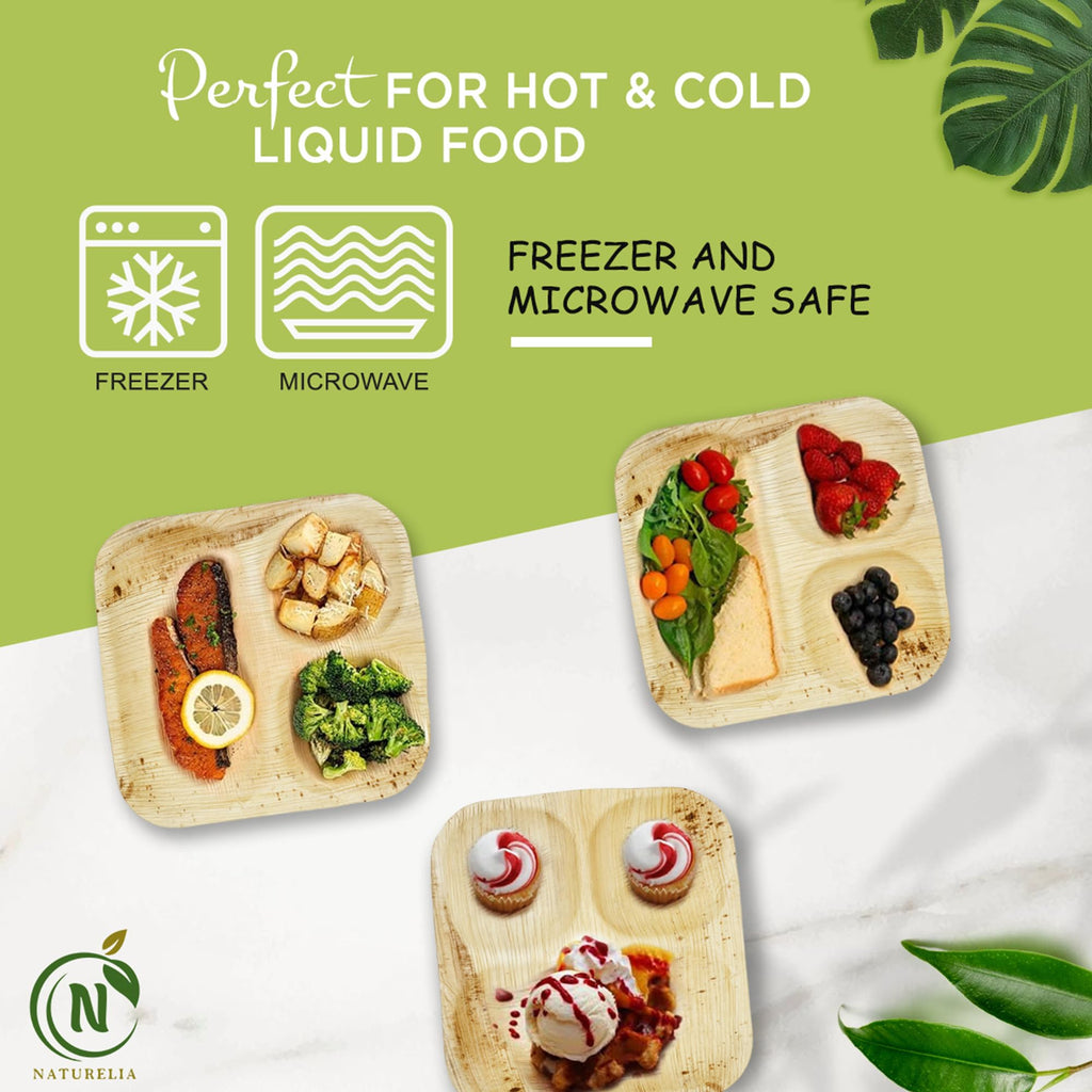 Naturelia Areca Square 9-Inch Plate with 3 Partitions- Eco-Friendly, Biodegradable, Microwave & Oven Safe- Sustainable & Natural Cutlery Ideal for Weddings, Parties, Events