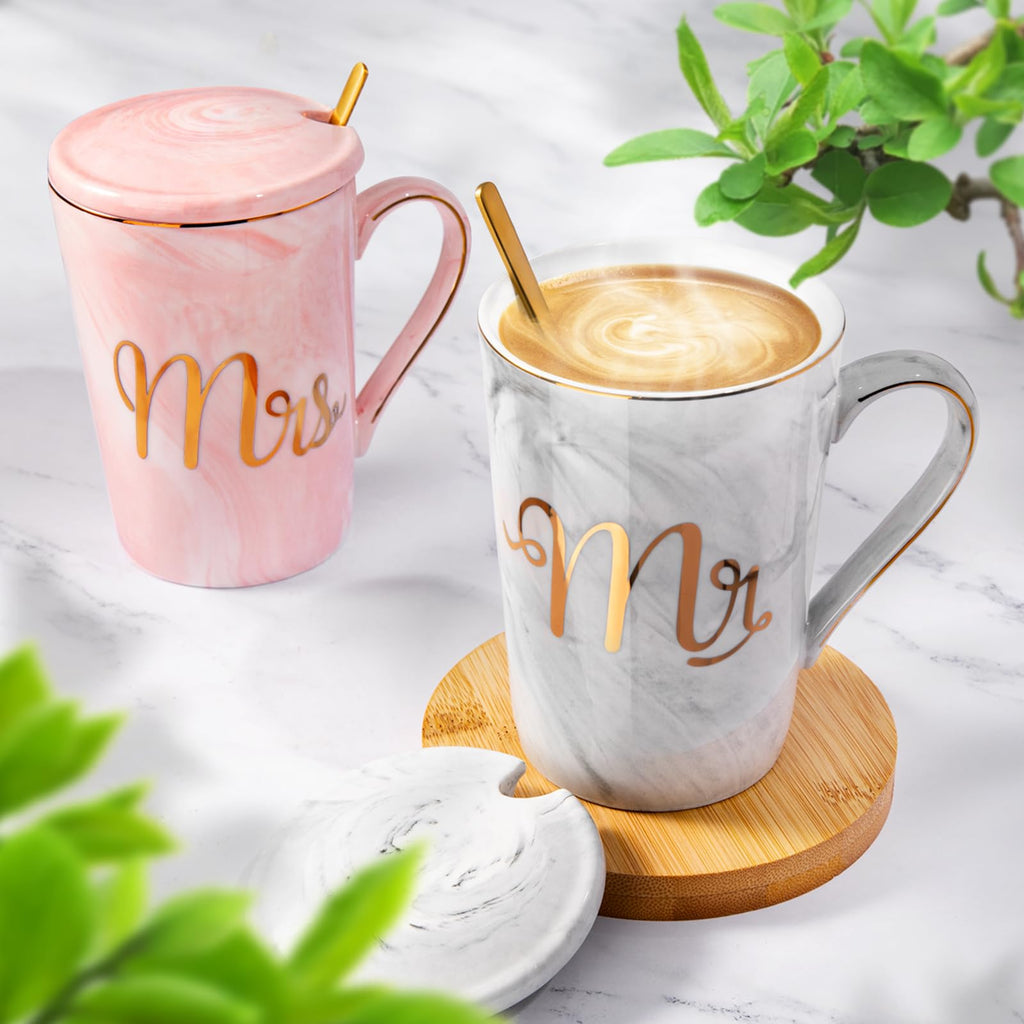 Mr and Mrs Coffee Mug - Wedding Present for Bride and Groom - Bridal Shower Engagement - Married Couples Marble Ceramic Coffee Cups 14oz