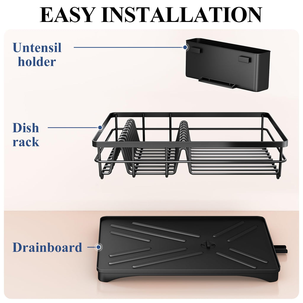 Dish Drying Rack for Kitchen Counter - Large Dish Rack with Drainboard, Rustproof Dish Drainer with Utensil Holder for Sink, Black