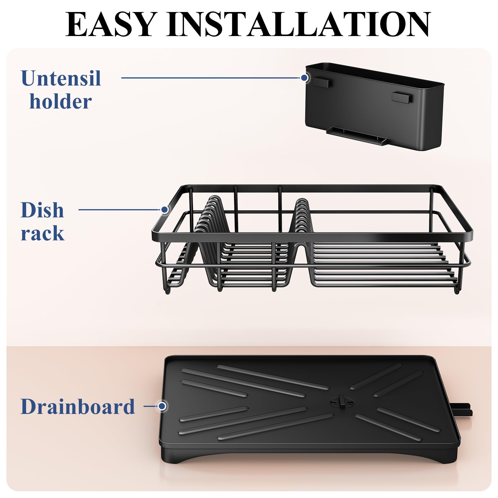 Dish Drying Rack for Kitchen Counter - Large Dish Rack with Drainboard, Rustproof Dish Drainer with Utensil Holder for Sink, Black