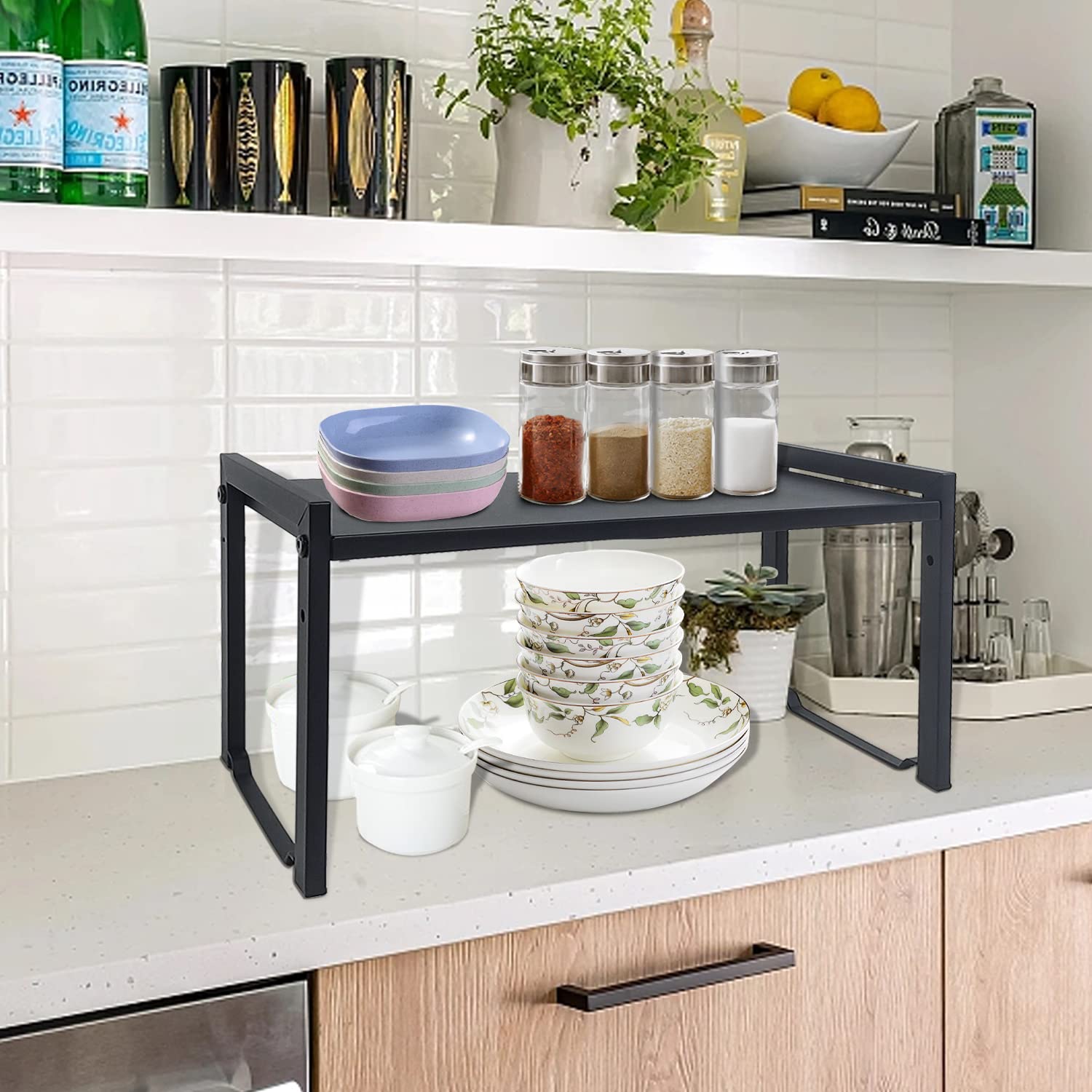 Expandable Cabinet Shelf 13.8-26"(L), Stackable Kitchen Counter Shelf Organizer, Kitchen Spice Rack Pantry, Djustable Cupboard Organizer Storage Rack for Kitchen Office (Black,1pack M)