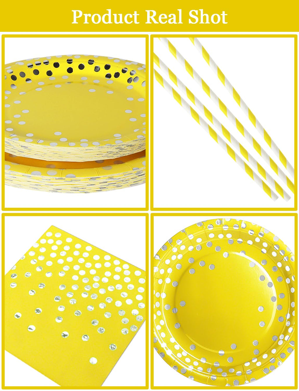 Nkaiso Paper Plates Napkins Cups Set, 126 Piece Yellow and Silver Paper Tableware Set Includes Birthday Paper Plates Napkins Cups Straws for Wedding Shower Engagement Wedding Birthday-25 Guests