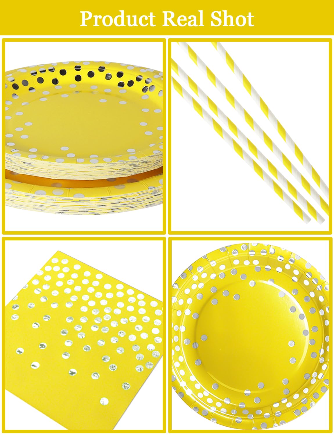 Nkaiso Paper Plates Napkins Cups Set, 126 Piece Yellow and Silver Paper Tableware Set Includes Birthday Paper Plates Napkins Cups Straws for Wedding Shower Engagement Wedding Birthday-25 Guests