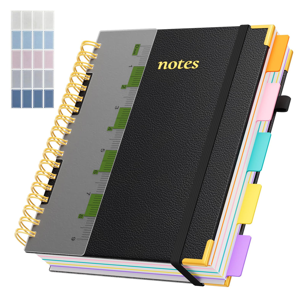 XYark Line Hardcover Spiral Notebook with Removable Dividers Tabs & Ruler, 5 Subject Notebook College Ruled, 300 Page, Large 8"x10" B5 Notebooks for Work School, Lined Journal for Women & Men, Black