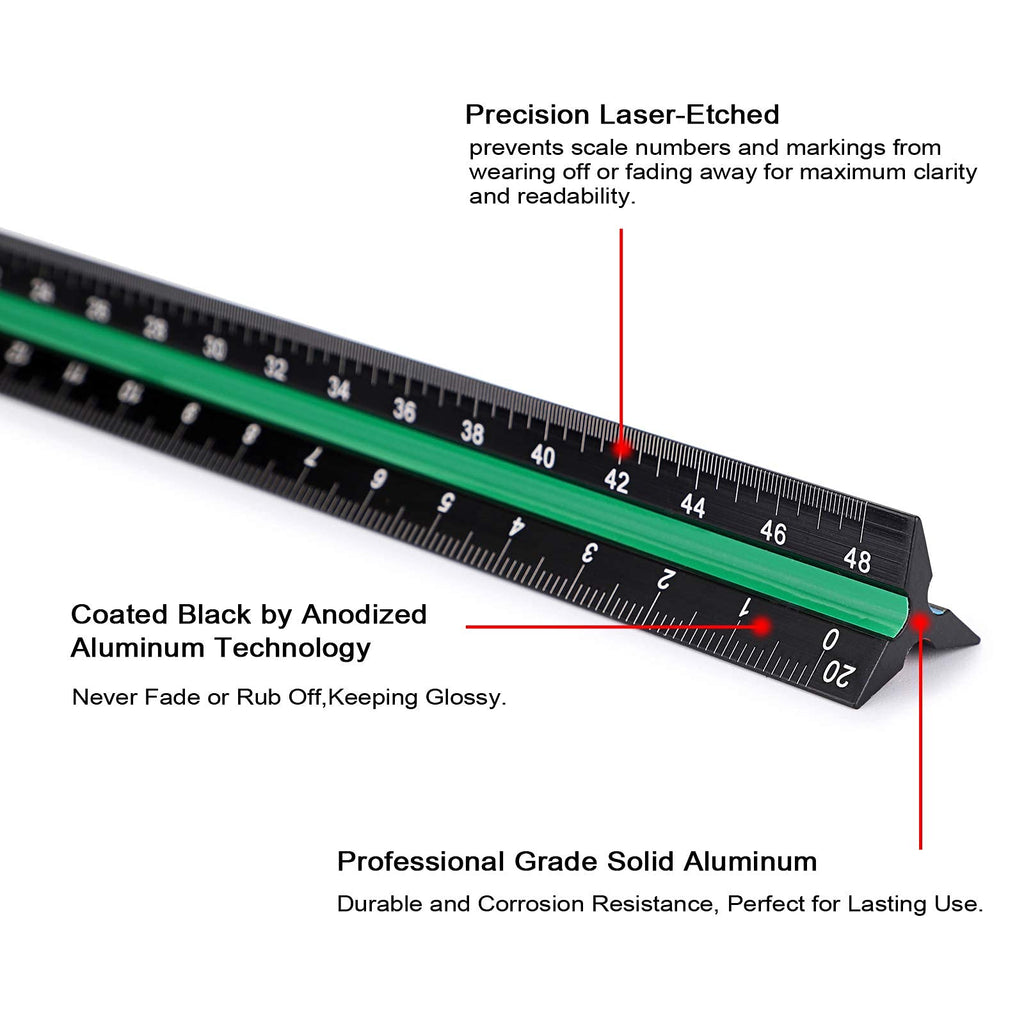BTSKY 3 Pack 12 Inches Architectural Scale Ruler Engineering Imperial Scale Ruler with Standard Metric&Imperial Conversion Drafting Ruler Aluminum Triangular Scale Measuring Ruler Tool,Black with Red/Green/Blue