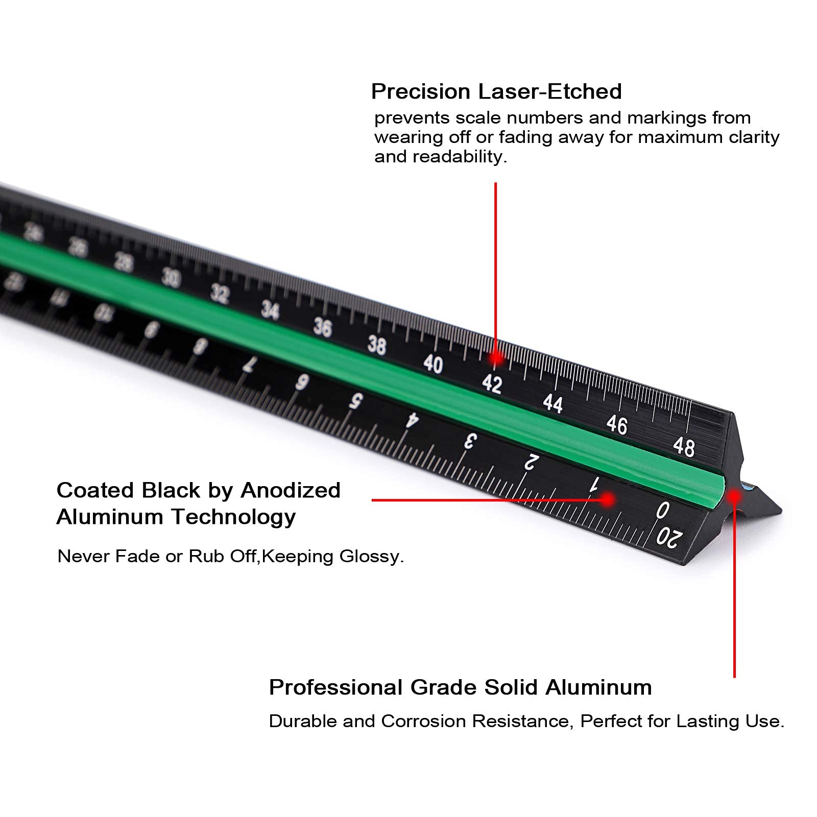 BTSKY 3 Pack 12 Inches Architectural Scale Ruler Engineering Imperial Scale Ruler with Standard Metric&Imperial Conversion Drafting Ruler Aluminum Triangular Scale Measuring Ruler Tool,Black with Red/Green/Blue