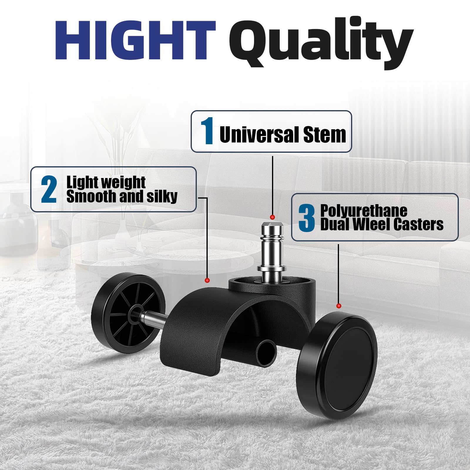 Office Chair Wheels Replacement 2 Inch – Heavy Duty Caster Wheels for Hardwood & Carpet, Silent Smooth Rolling, Universal Fit 11x22mm Stem, Easy Install, Set of 5, Black