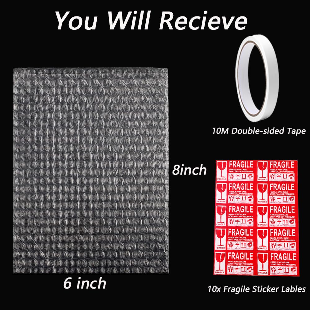 50 Pcs Bubble Pouch Wraps 6 x 8 inch Clear Bubble Out Bags for Packing, 10M Double-sided Tape And 10 Fragile stickers, Double Walled Foam Wrap Cushioning Bags for Shipping, Storage and Moving