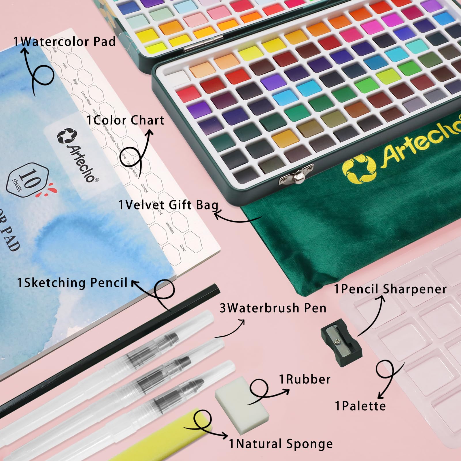 Artecho Watercolor Paint Set 168 Colors in Portable Box, Travel Watercolor Set with Watercolor Papers and Brushes, Ideal for Adults, Beginners and Artists