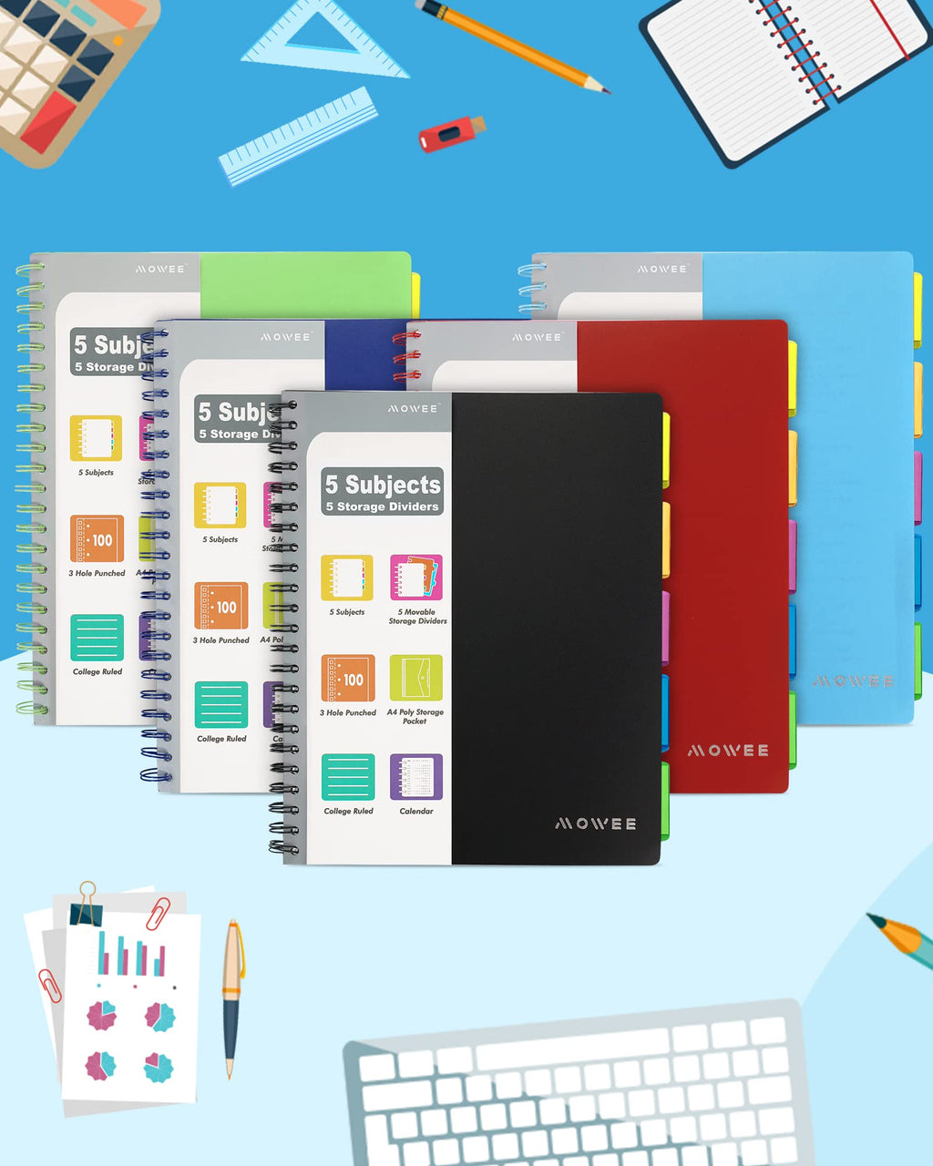 MOWEE Spiral Notebook - 5 Subject Notebook, College Ruled Notebook With Dividers Pocket, Tabs Label, 11" Ruler, 200 Pages, for Writing Journal, Home & Office, School Supplies, 8.5''x11''Black