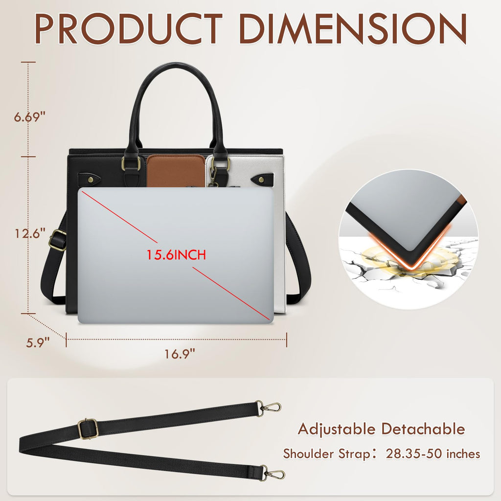 RAINSMORE Elegant Laptop Tote Bag Women 15.6 Inch PU Vegan Leather Computer Work Shoulder Bag Waterproof Briefcase For Business Casual Office Nurse Crossbody Bag With Bow Black & White & Brown