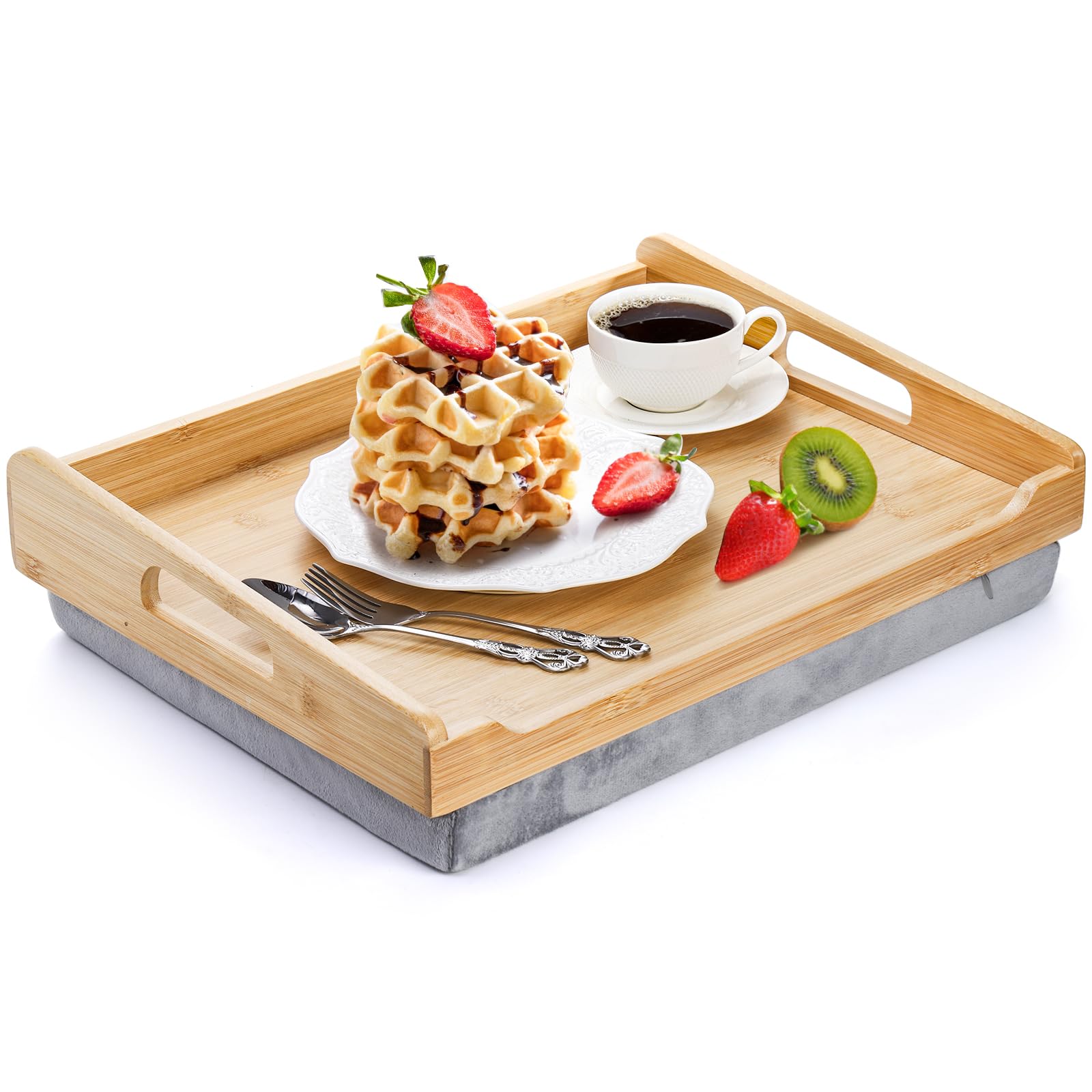 TOPZEA Bamboo Lap Tray with Detachable Cushion, 16.5"x 12.5" Bed Trays TV Lap Desk, Breakfast Meal Serving Tray with Handle for Adults Eating in Recliner, Couch, Car, Fits for 13-14 Inch Laptops