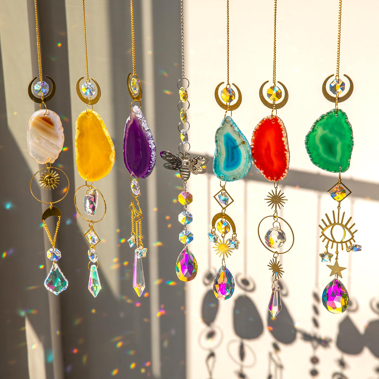 7 PCS Crystal Suncatcher, Hanging Suncatchers with Crystals Light, Sun Catchers Indoor Window Catcher with Prism Pendants Agate Slices,Tree of Life Crystal Suncatchers Indoor Outdoor Home Garden Decor